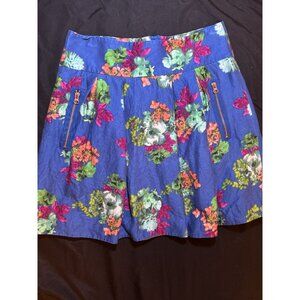 Maeve Floral A-Line Skirt Size 10 Blue Multicolor Cotton/Rayon/Silk Blend Pleate